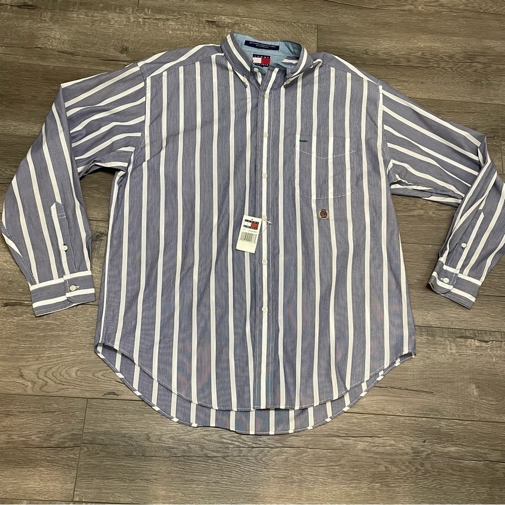 NEW Vintage Tommy Hilfiger Vertical Striped Button Down Men's Shirt Cotton Sz L